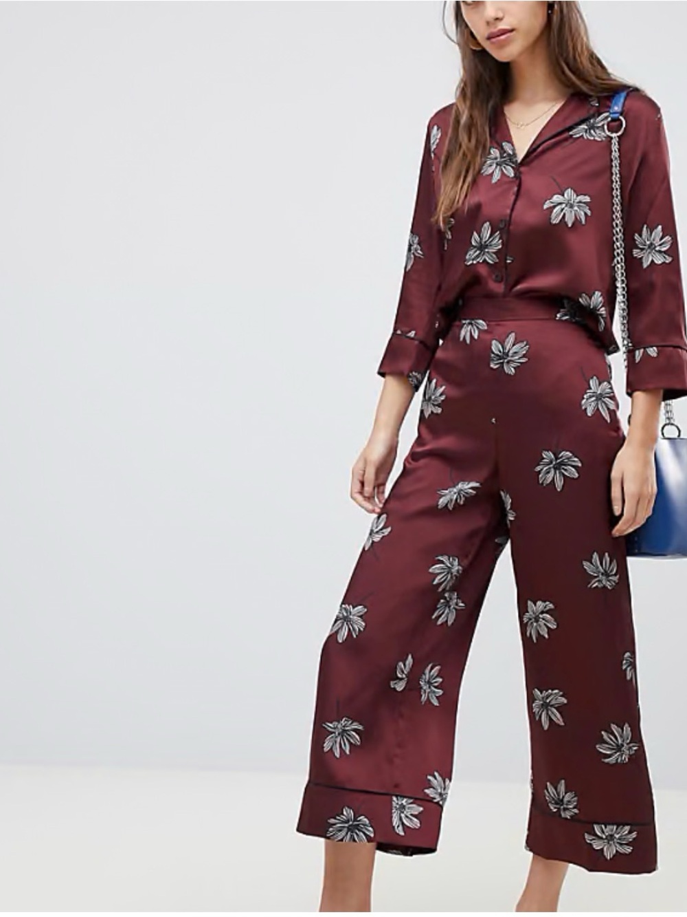 ASOS | Emme Moriana Printed Satin Pajama Matching Set | Burgundy Floral